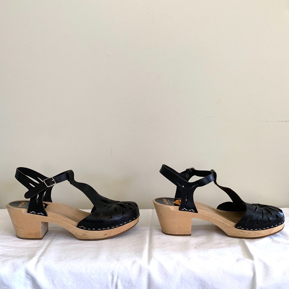 Swedish Hasbeens Black Lacy Cut-Out T-Strap Clogs
